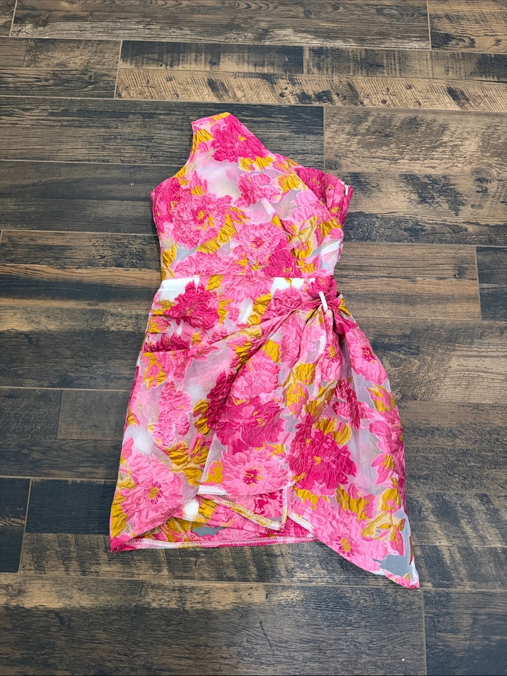 Reverse One-Shoulder Floral Dress in Pink and Yellow